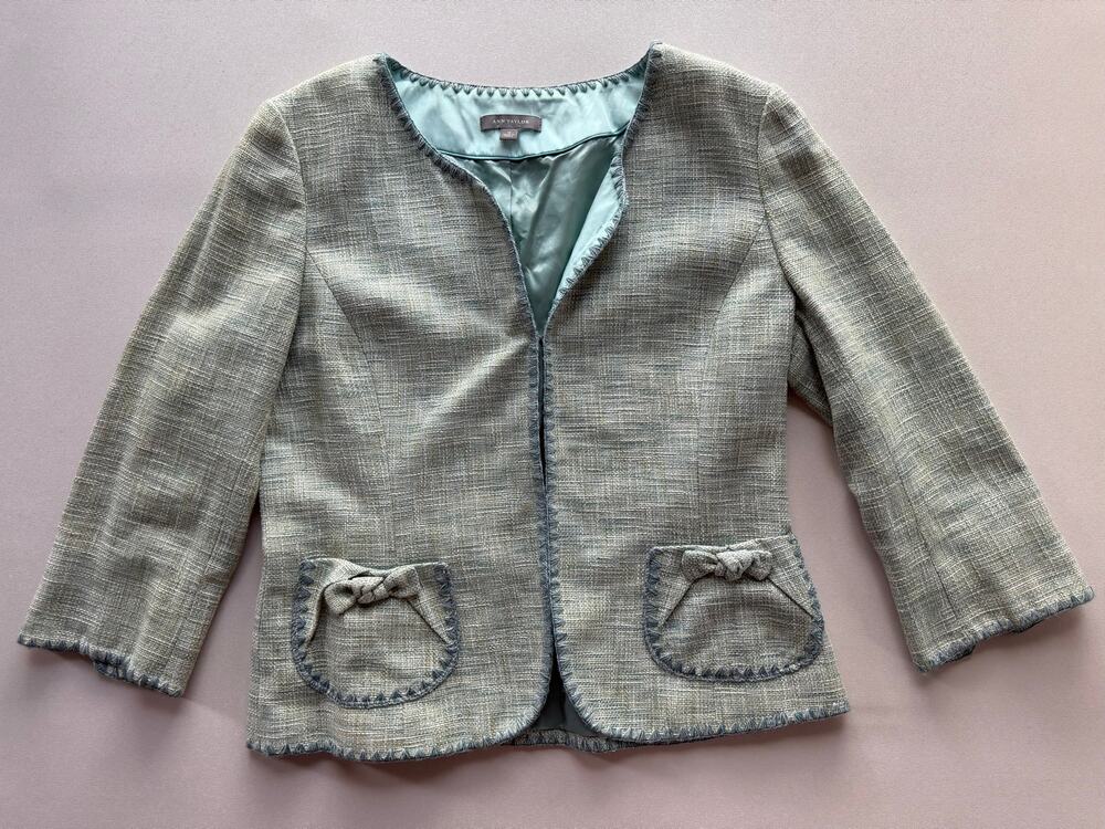 Ann Taylor Women's Sage Green Collarless Textured Tweed Blazer Size 12